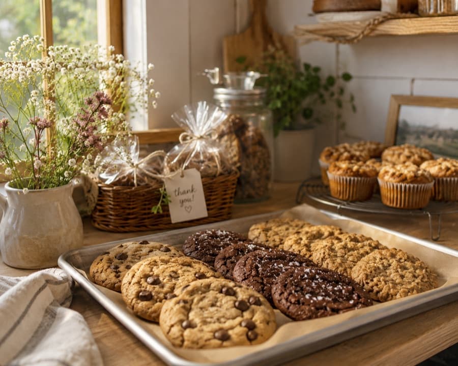 A tray of chocolate chip and double chocolate cookies on a kitchen counter, with muffins cooling behind